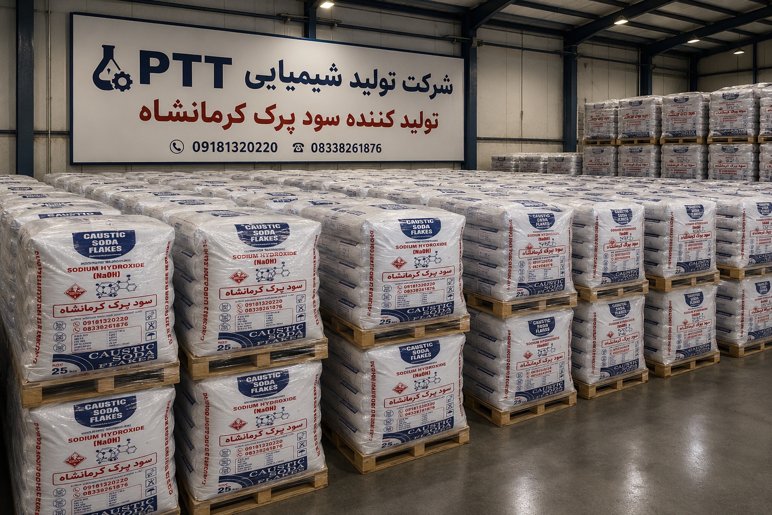 تصویر مربوط به انبار شرکت تولید شیمیایی PTT و موجودی سود پرک کرمانشاه با خلوص 98 درصد است که به&zwnj;صورت کیسه&zwnj;های 25 کیلوگرمی روی پالت و با بسته&zwnj;بندی شیرینک&zwnj;شده نگهداری می&zwnj;شود. شرکت تولید شیمیایی PTT به&zwnj;عنوان تولیدکننده و تأمین&zwnj;کننده سود پرک کرمانشاه، این محصول را با کیفیت بالا، بسته&zwnj;بندی استاندارد، ارسال سریع و تأمین مستمر برای صنایع مختلف عرضه می&zwnj;کند. برای استعلام قیمت، دریافت مشاوره تخصصی و ثبت سفارش مستقیم با شماره&zwnj;های 09181320220 و 08338261876 تماس بگیرید.